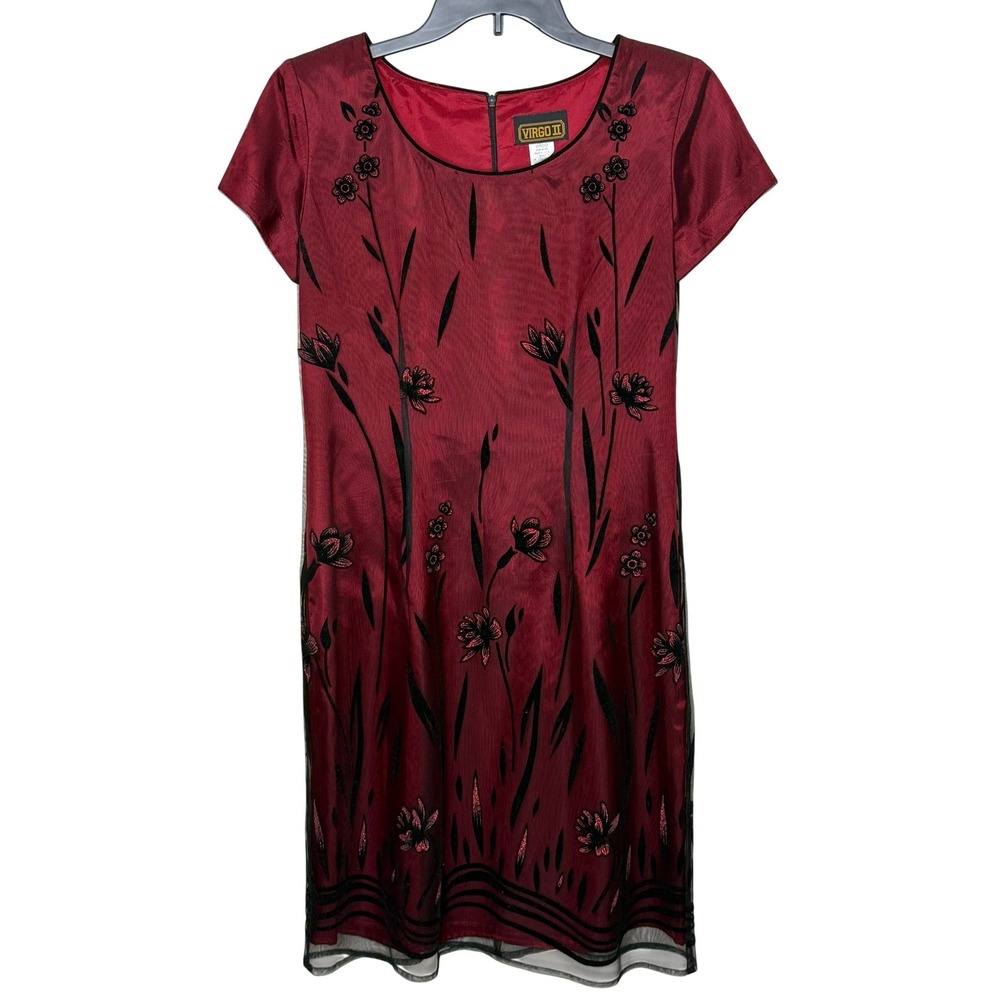 Virgo Vtg Dark Floral Whimsigoth Y2K Burgundy Sheer Overlay Velvet‎ Sparkle Sz 6